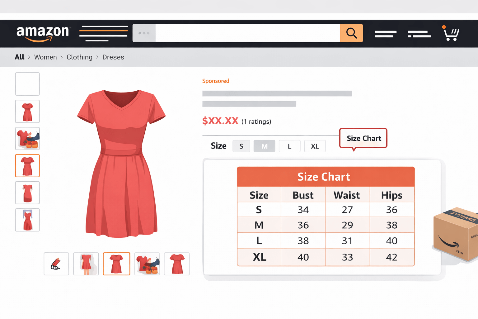 Amazon Size Chart Requirements - FBA seller dashboard with clothing listing and size chart