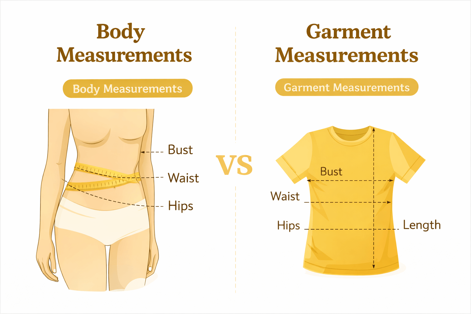 Body measurements vs garment measurements comparison diagram