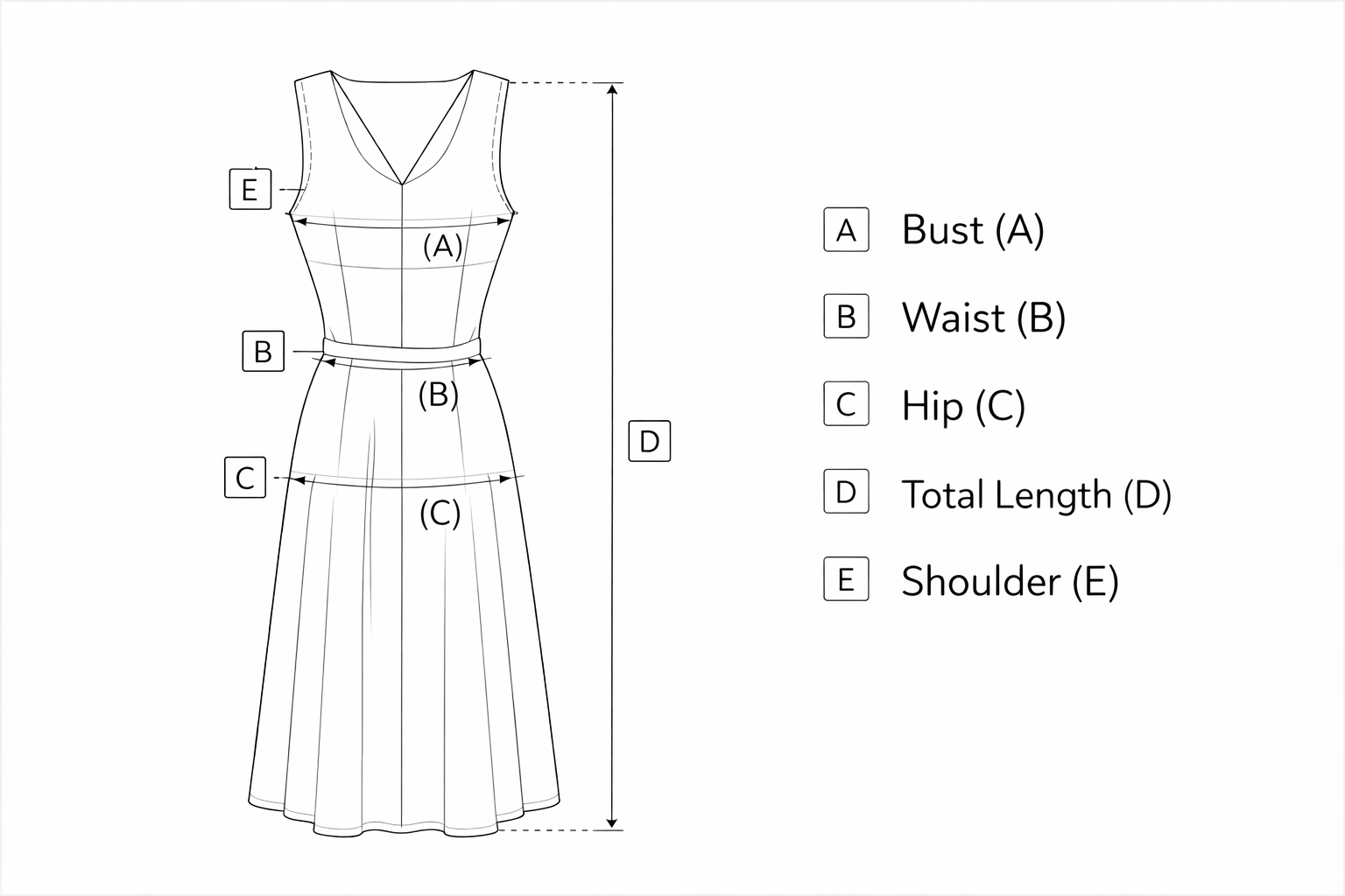 Dress measurement diagram showing bust, waist, hip, and length measurement points