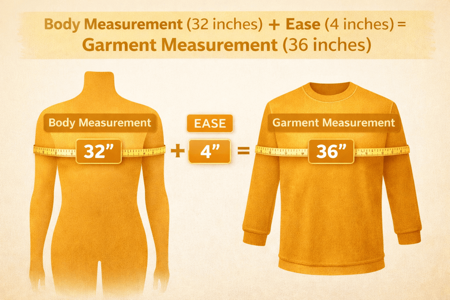 Diagram showing how ease works - body measurement plus ease equals garment measurement