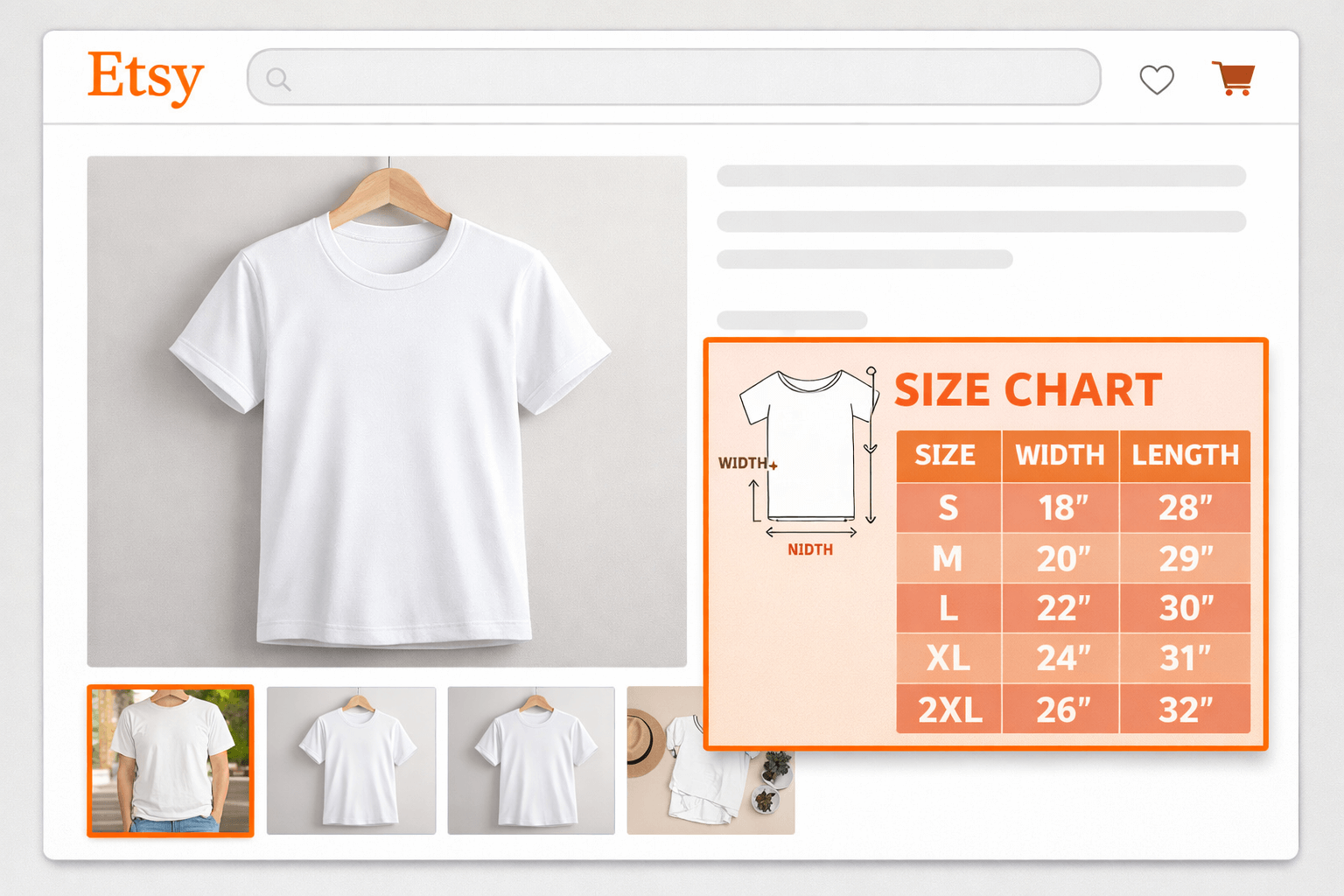 Example of size chart image in Etsy listing photo gallery