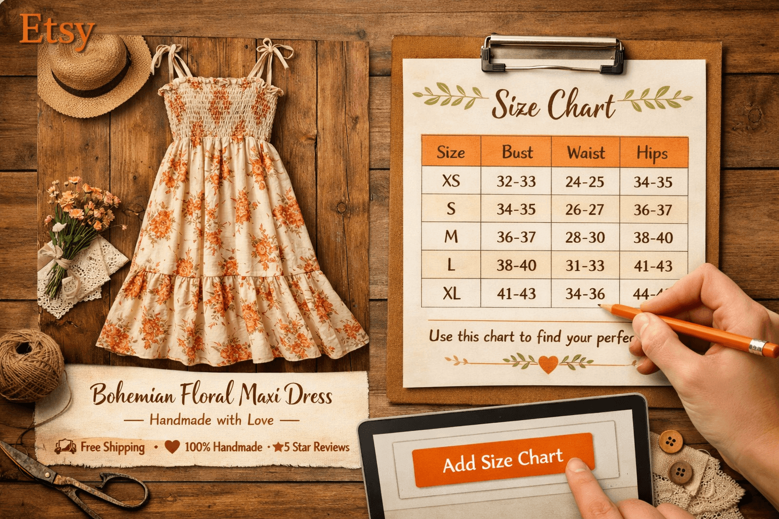 Etsy Size Chart Guide - Handmade clothing seller creating size chart on Etsy