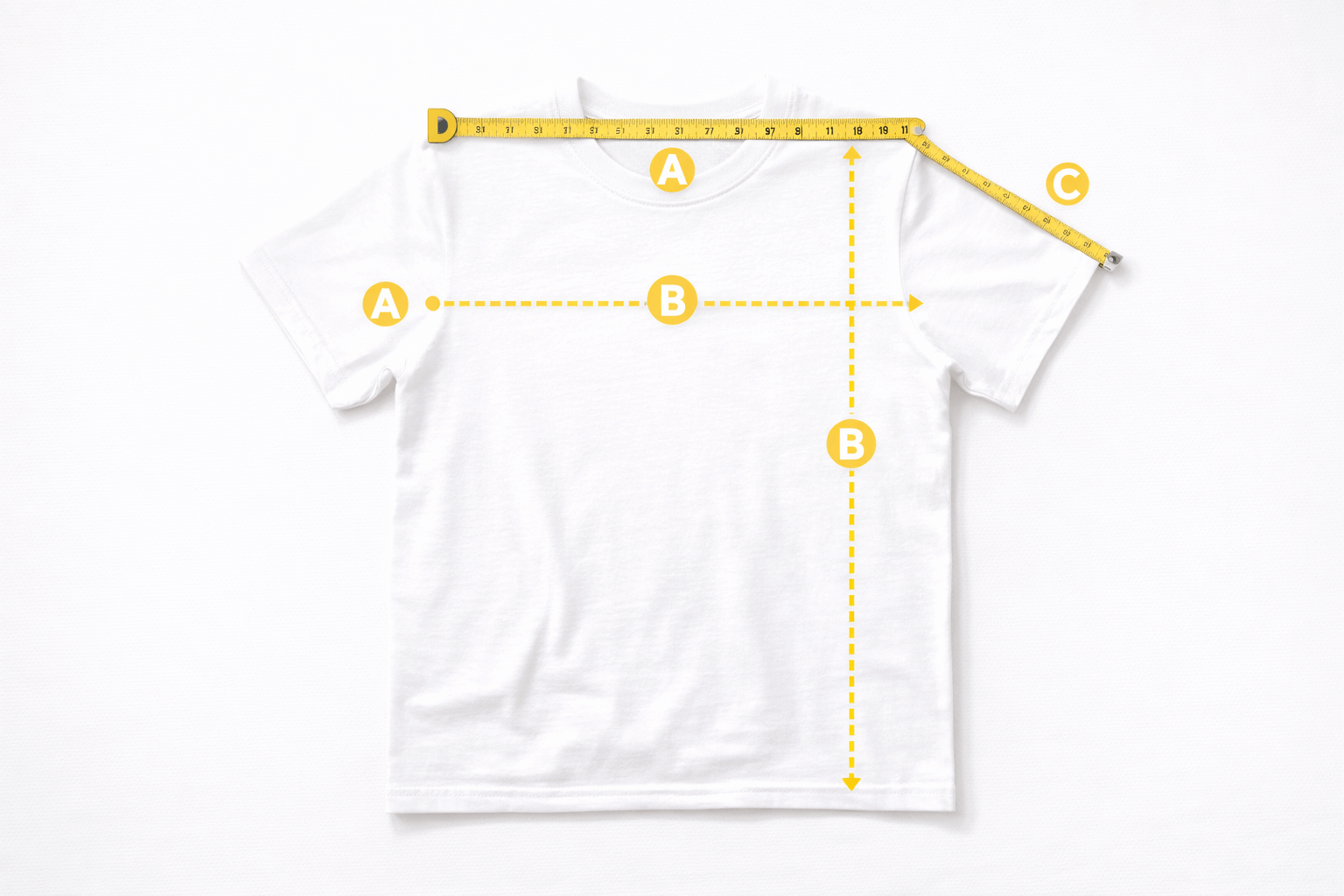 How to Measure Clothes - Measuring tape on flat laid garment with measurement points labeled