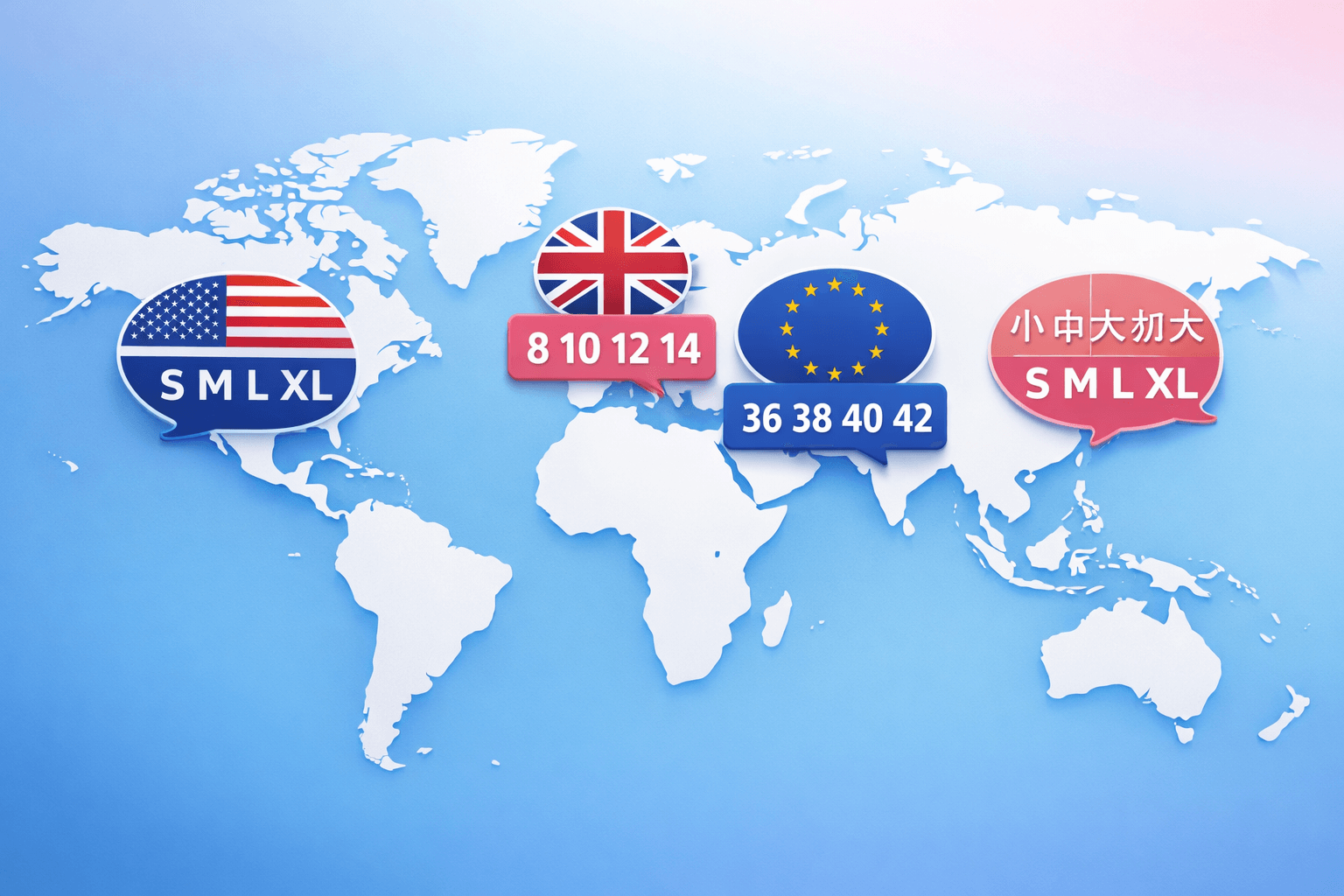 International Size Standards - US, UK, EU, Asian size comparison with world map and flags