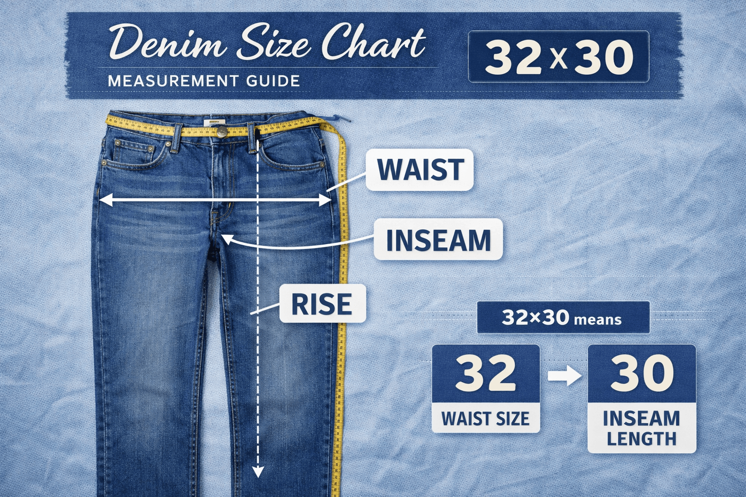 Jeans Size Chart - Denim sizing guide with waist and inseam measurements