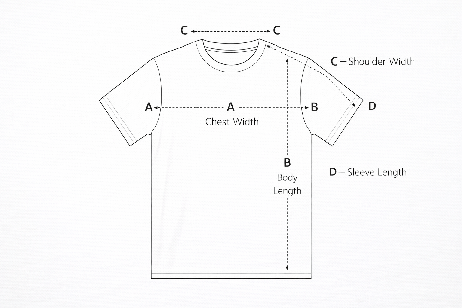 Size chart with measurement diagram showing where chest, waist, and length measurements are taken