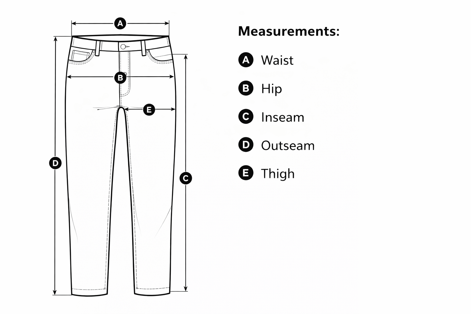 Pants measurement diagram showing waist, hip, inseam, and outseam points