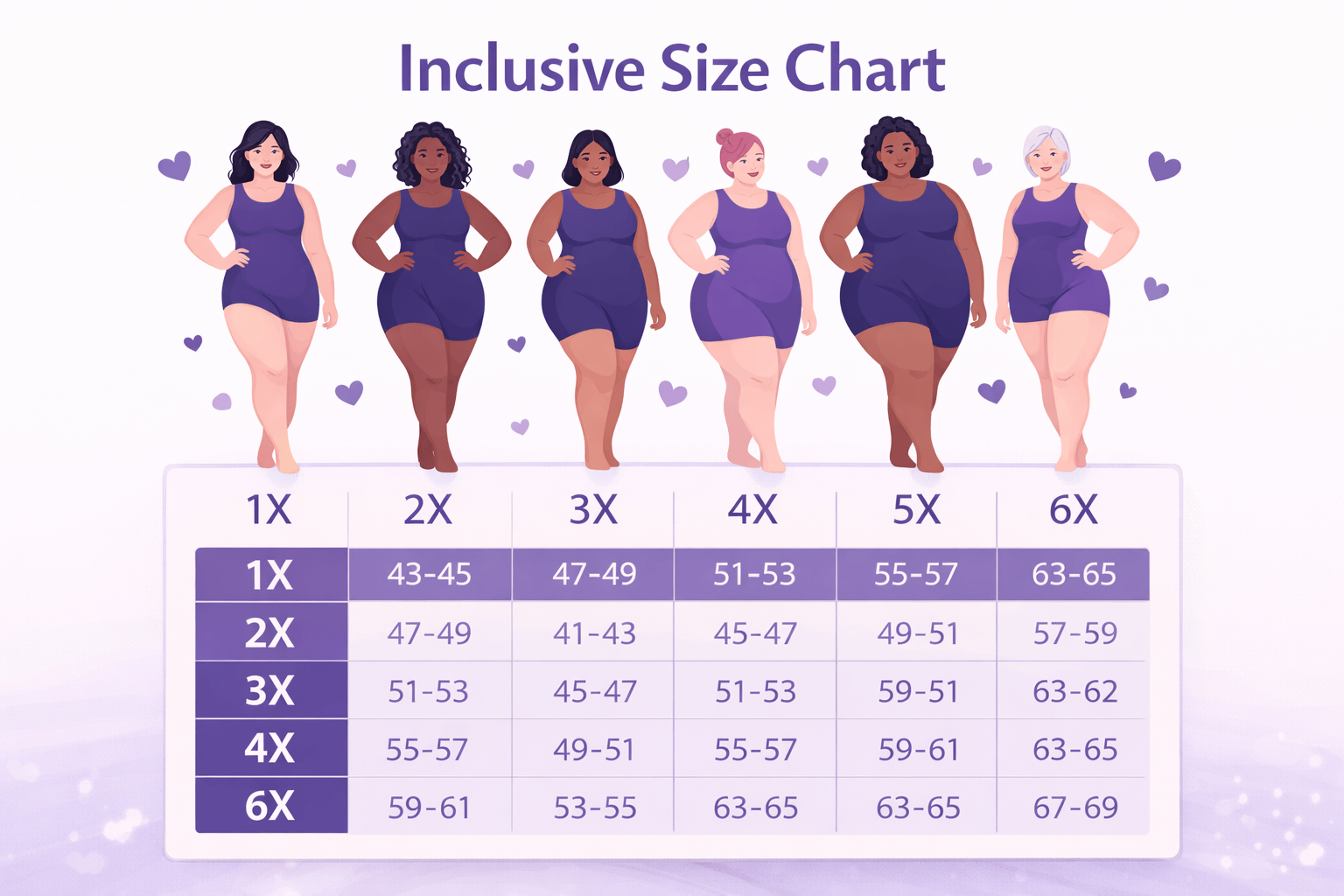 Plus Size Clothing Size Chart - Extended sizes 1X to 6X with measurements