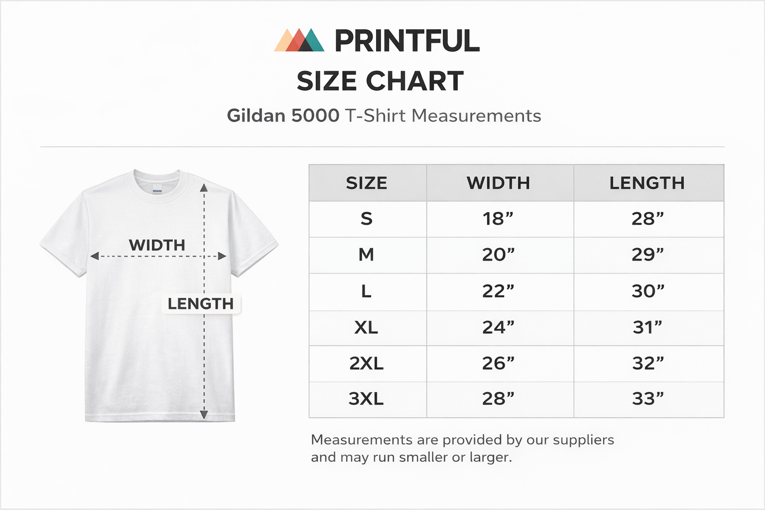 Example of POD provider size chart showing measurements for t-shirt