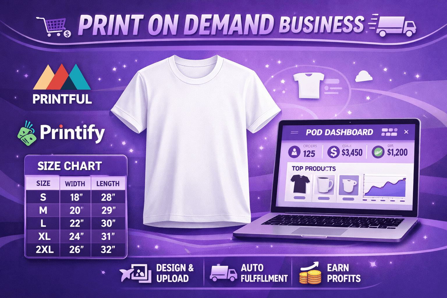 Print on Demand Size Charts - Printful, Printify logos with size chart
