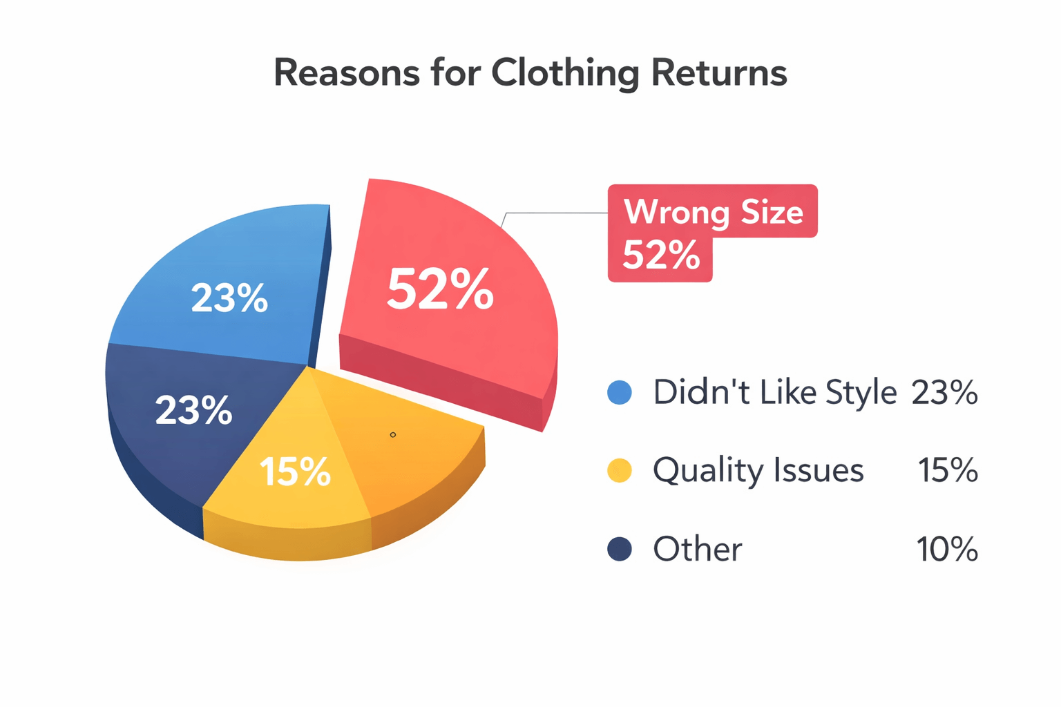 Pie chart showing reasons for clothing returns - 52% wrong size, 23% style, 15% quality, 10% other