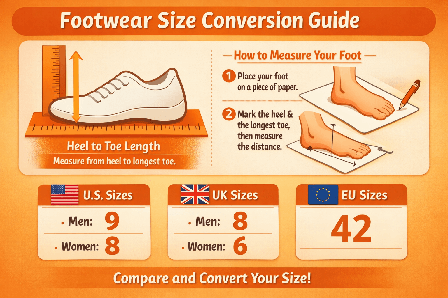 Shoe Size Chart - US UK EU conversion guide for footwear