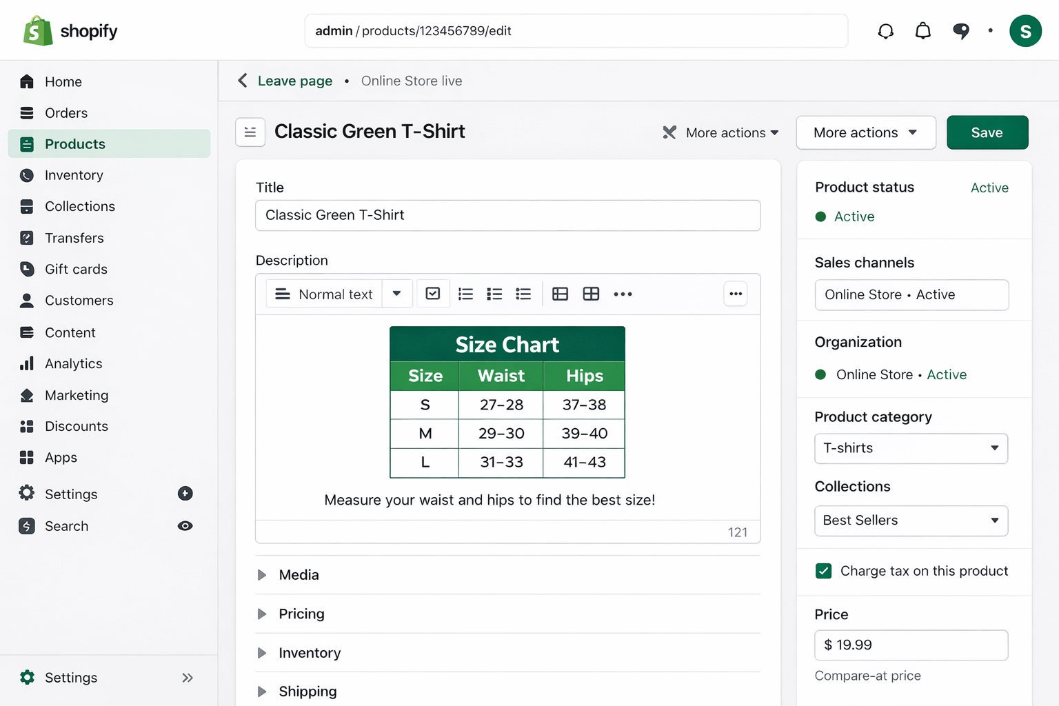 Screenshot showing how to add size chart in Shopify product editor