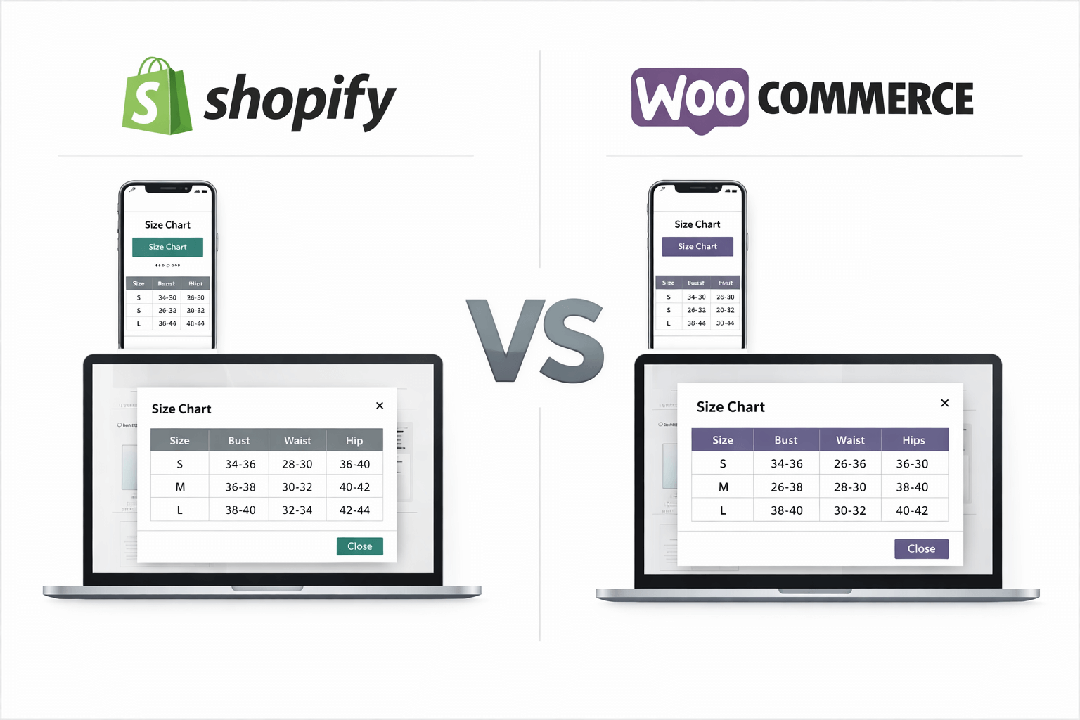 Shopify vs WooCommerce Size Chart Integration - Platform logos with size chart comparison
