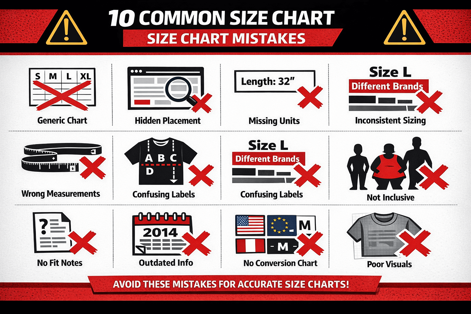 Size Chart Mistakes to Avoid - Common errors illustrated with warning signs