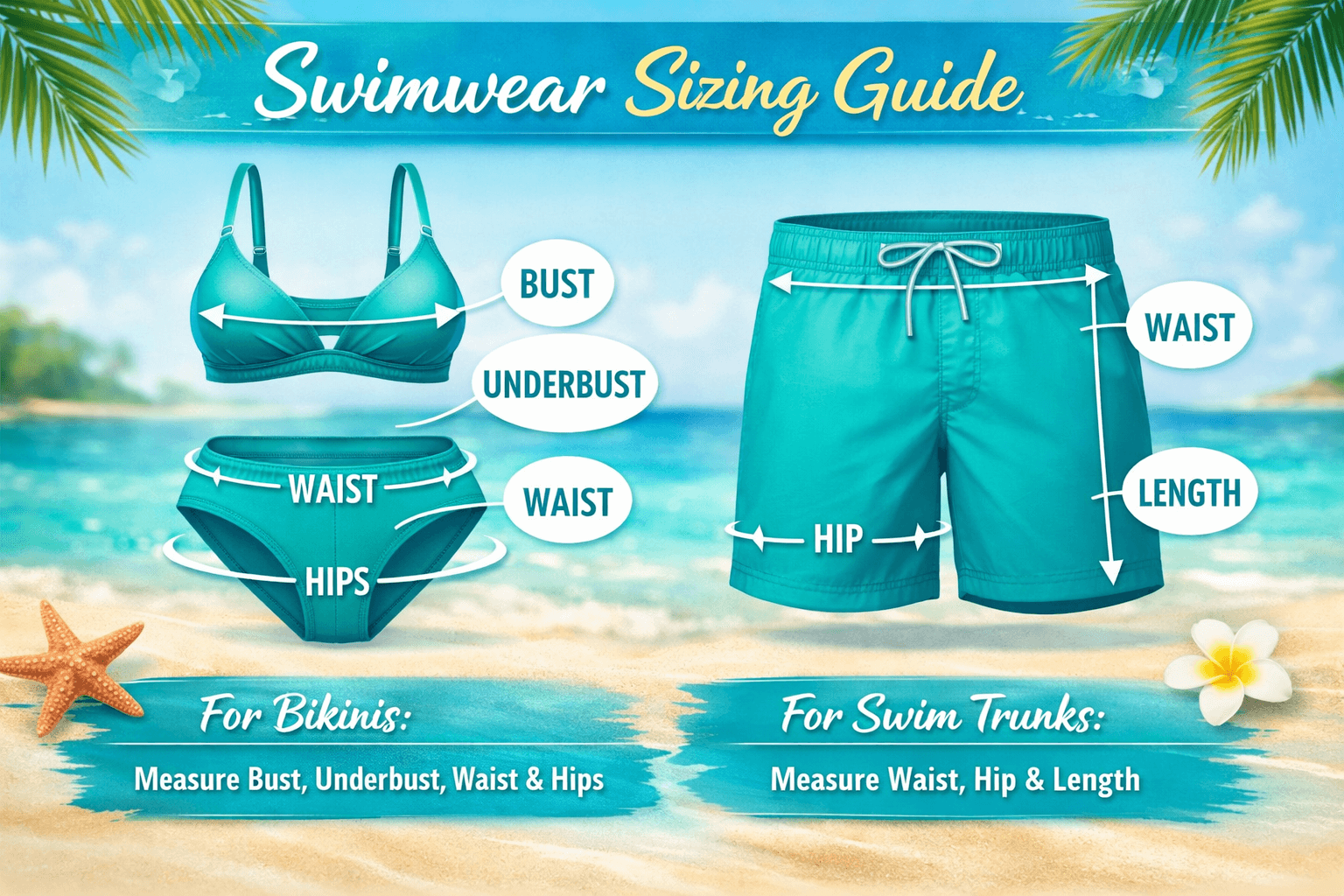 Swimwear Size Chart - Bikini, one-piece, and swim trunks sizing guide