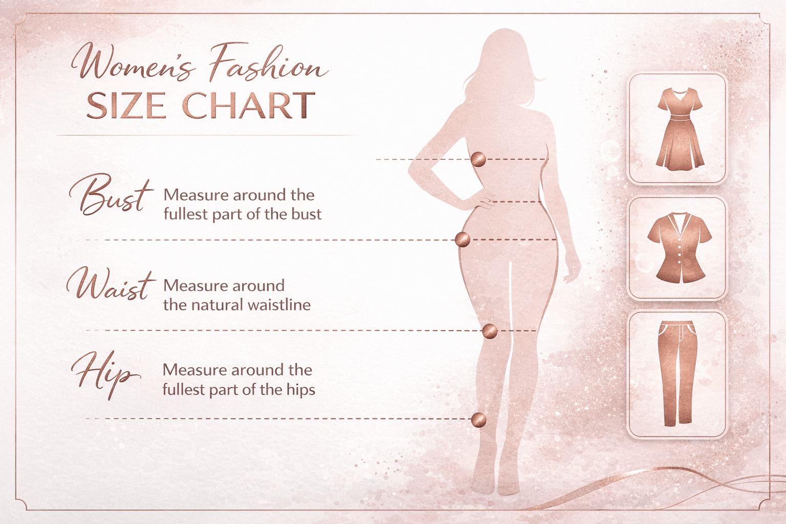 Women's Size Chart Guide - Dresses, tops, pants sizing with measurements