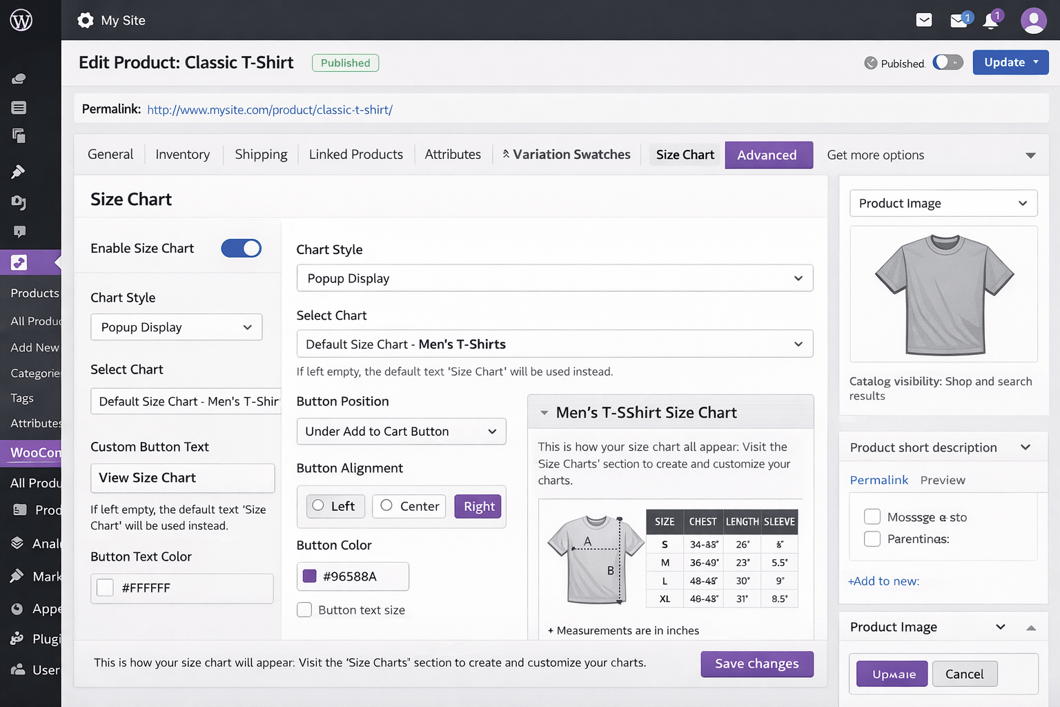 Screenshot showing WooCommerce size chart plugin settings